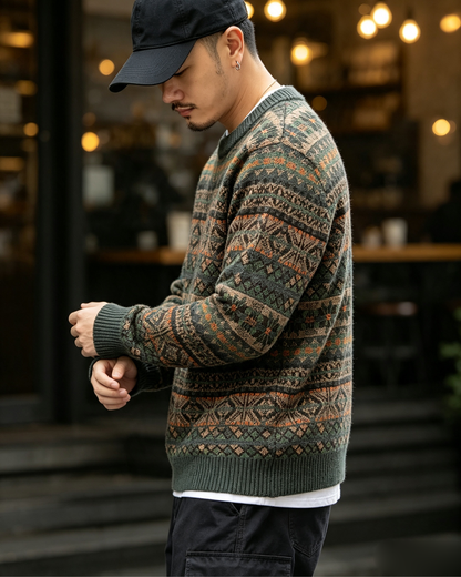 100% Wool Jacquard Stripe Crew Neck Sweater – Men's Thick Knit Pullover
