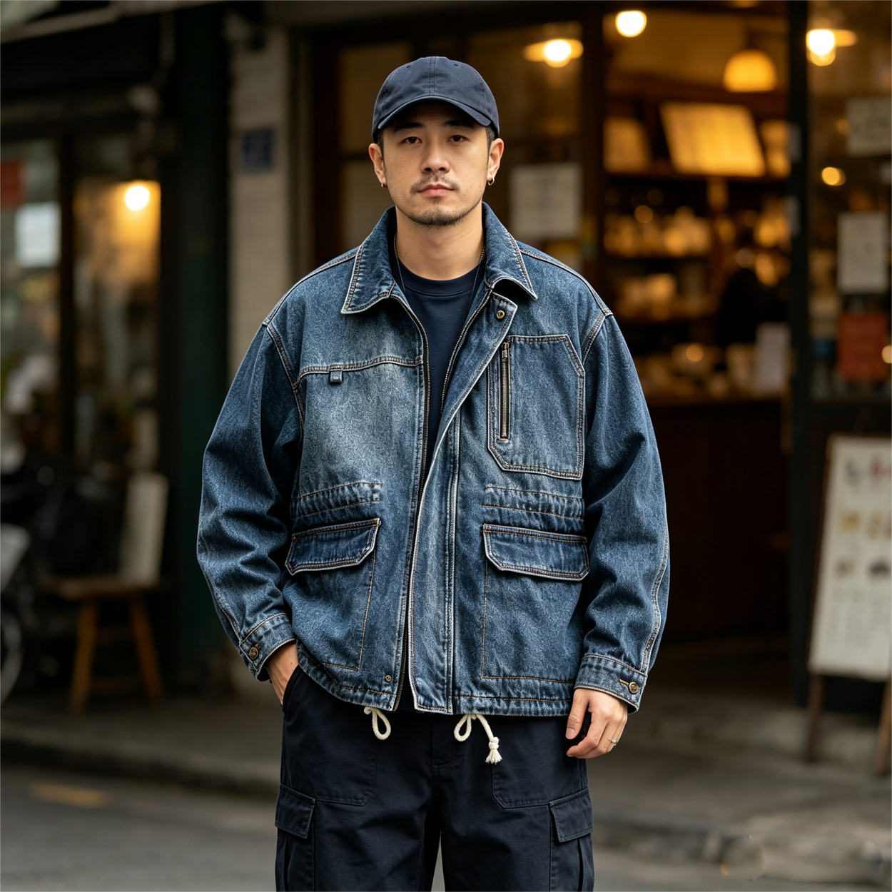 Heavyweight Washed Denim Jacket – Vintage Workwear Multi-Pocket Drawstring Coat