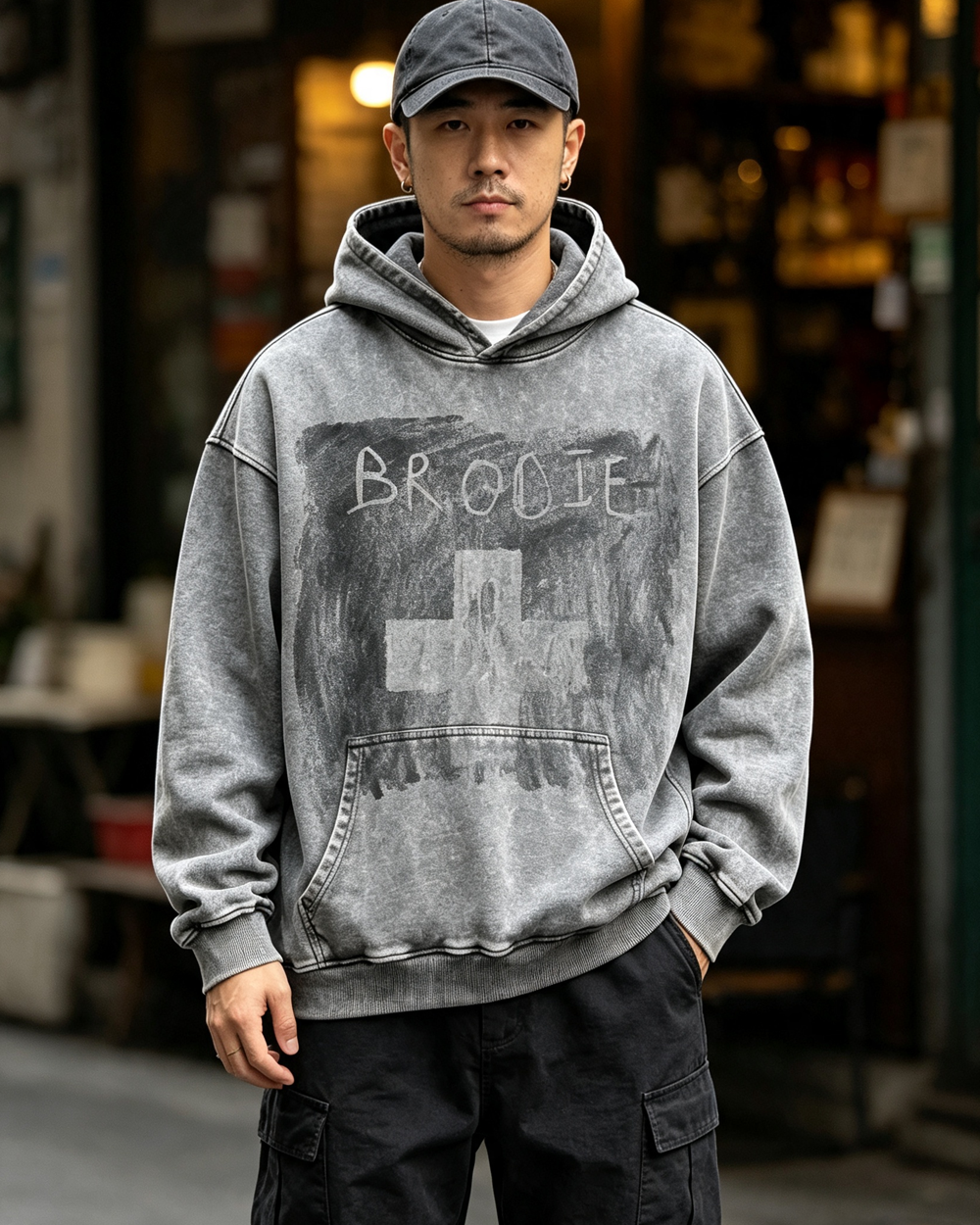 Vintage Washed Batik Heavyweight Hoodie – Unisex Oversized Distressed Sweatshirt