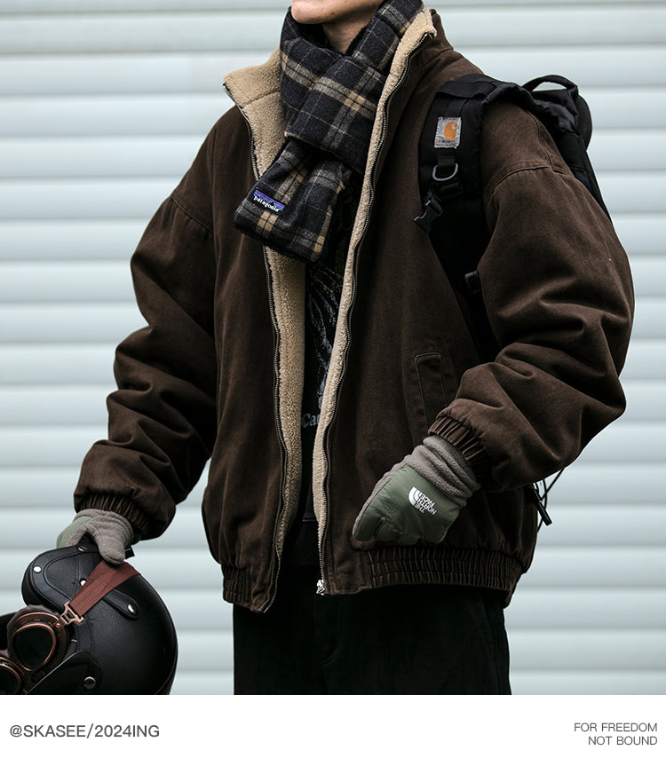 Men's Japanese Retro Lamb Wool Jacket - Thickened Stand Collar Couple Cotton Coat