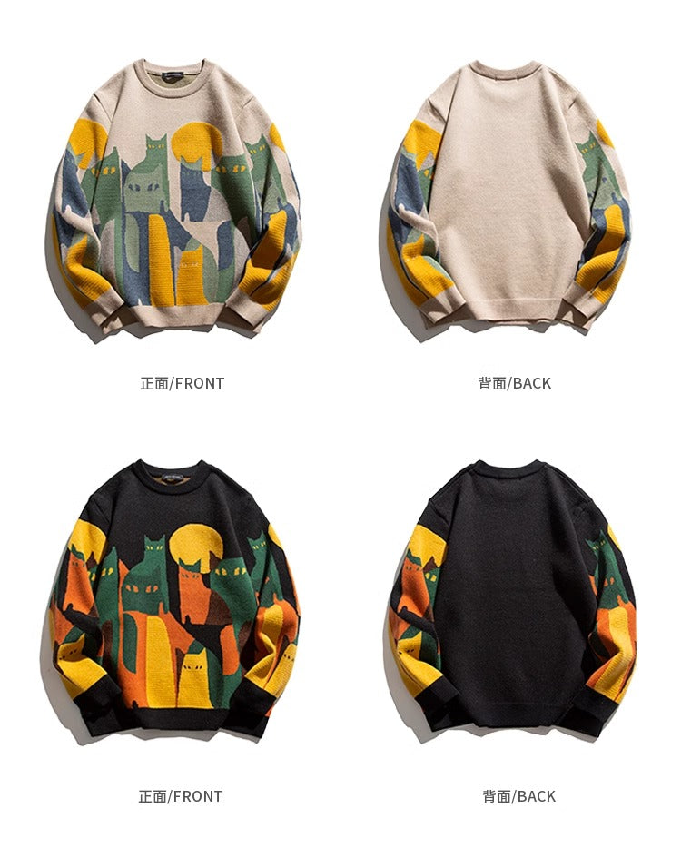 Cat Jacquard Loose Knit Sweater – American Style High-End Feel (Unisex)