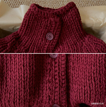 Berry Red Stand-Collar Wool Cardigan Coat – Thick-Needle Premium Knit (Women)