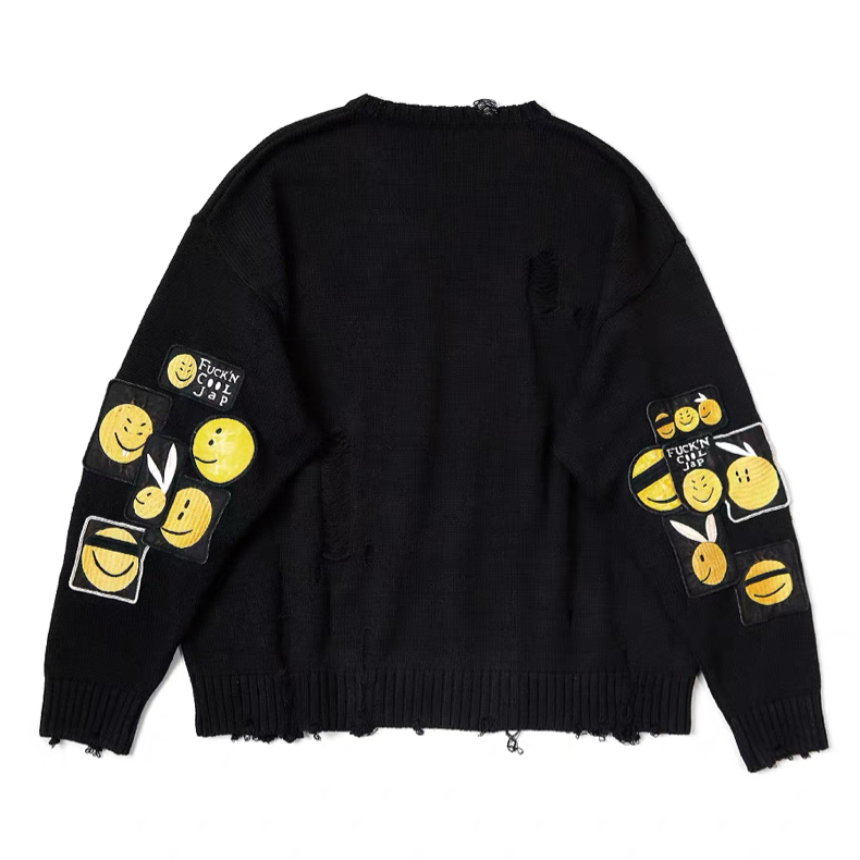 Classic Cut-Out Smiley Face Badge Sweater - Distressed Crew Neck (25AW)