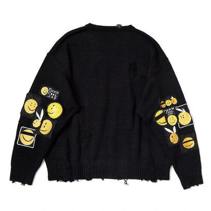 Classic Cut-Out Smiley Face Badge Sweater - Distressed Crew Neck (25AW)