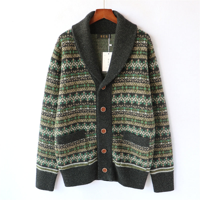 Heavyweight Color-Block Wool Cardigan Jacket – Retro Warm Knit (Unisex)