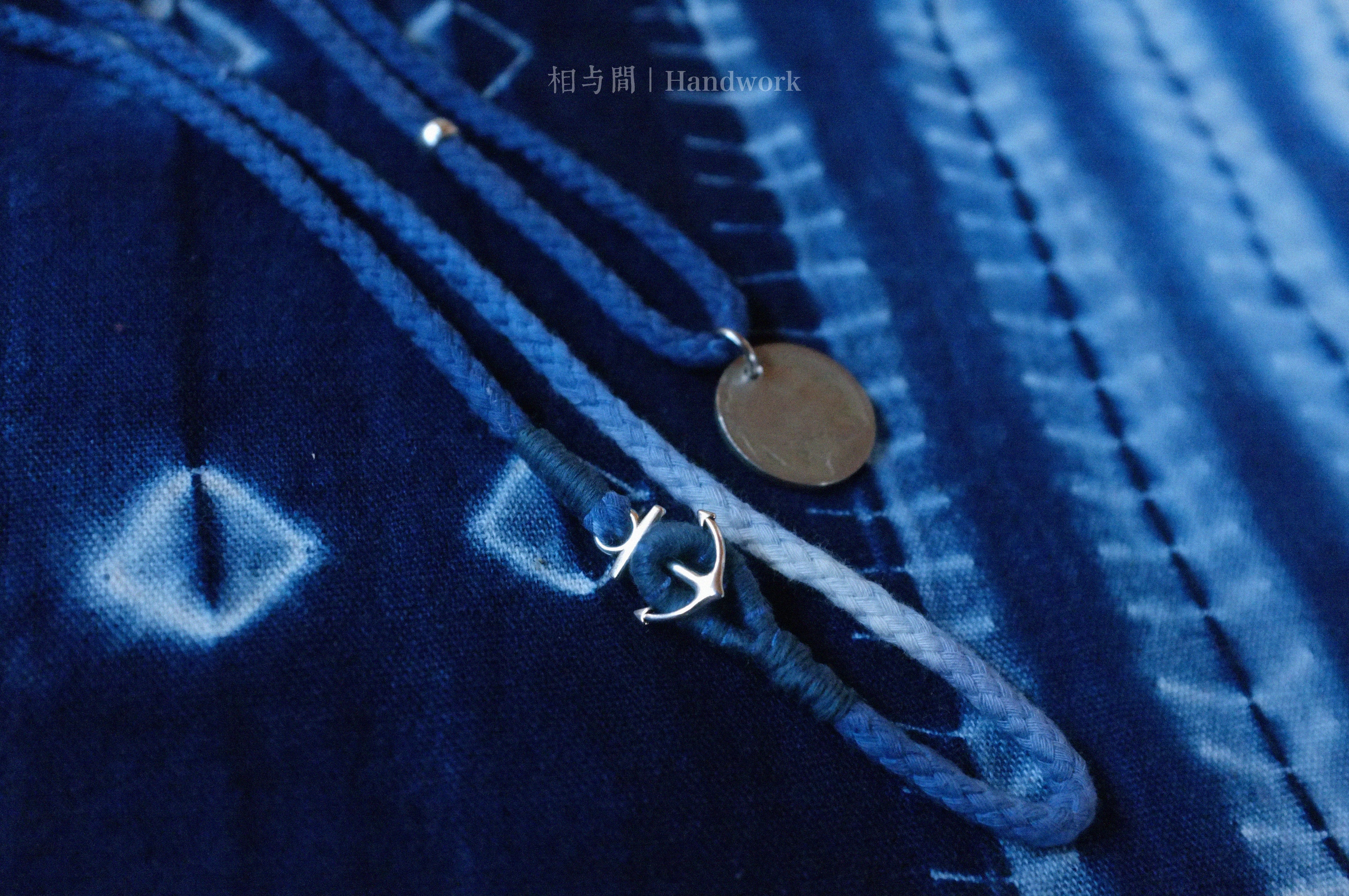 Original Indigo Dyed Indian Coin Woven Silver Bead Necklace Anchor Indigo Hand Rope