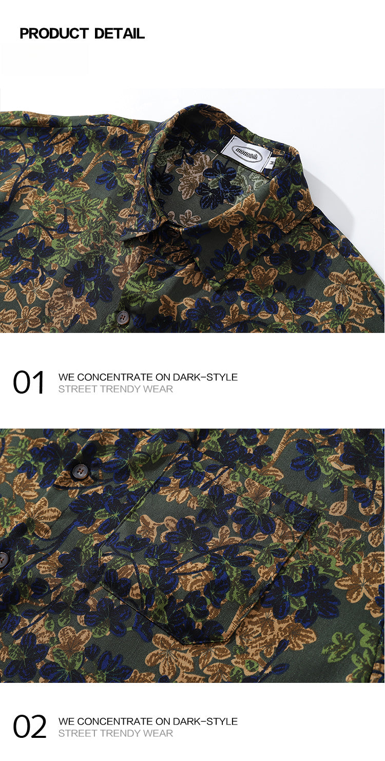 Japanese Style Trendy Floral Print Long Sleeve Shirt for Men Autumn Travel Vacation Lazy Casual Floral Shirt