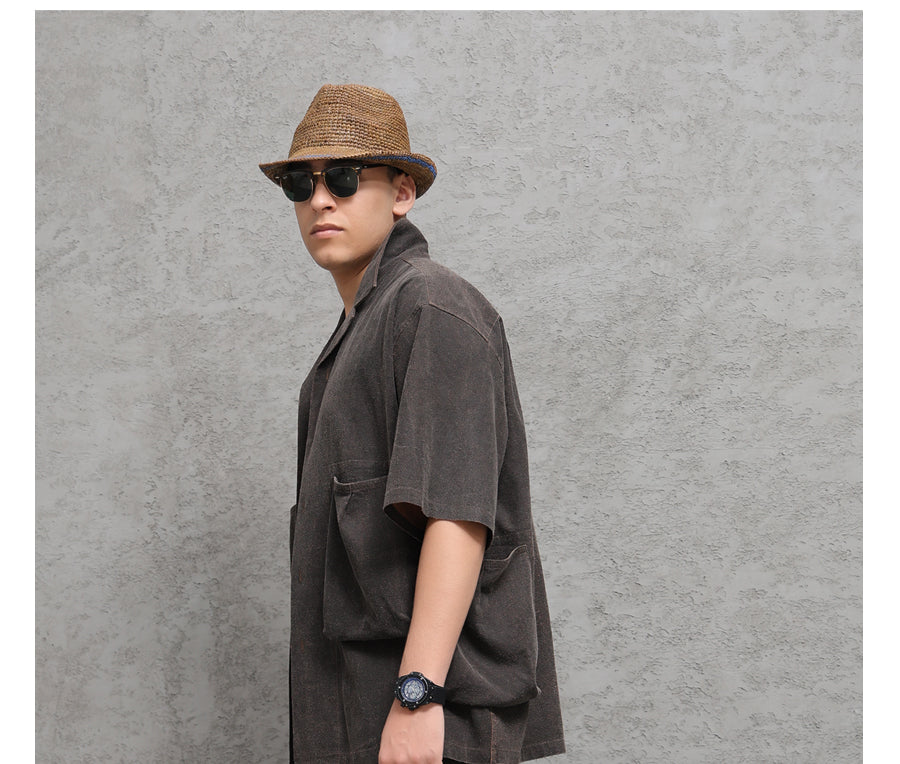 Wild Silk Cuban Collar Half Sleeve Shirt Men's Dye Yam Dyed Tussah Silk Aloha Retro Short Sleeve Shirt Summer