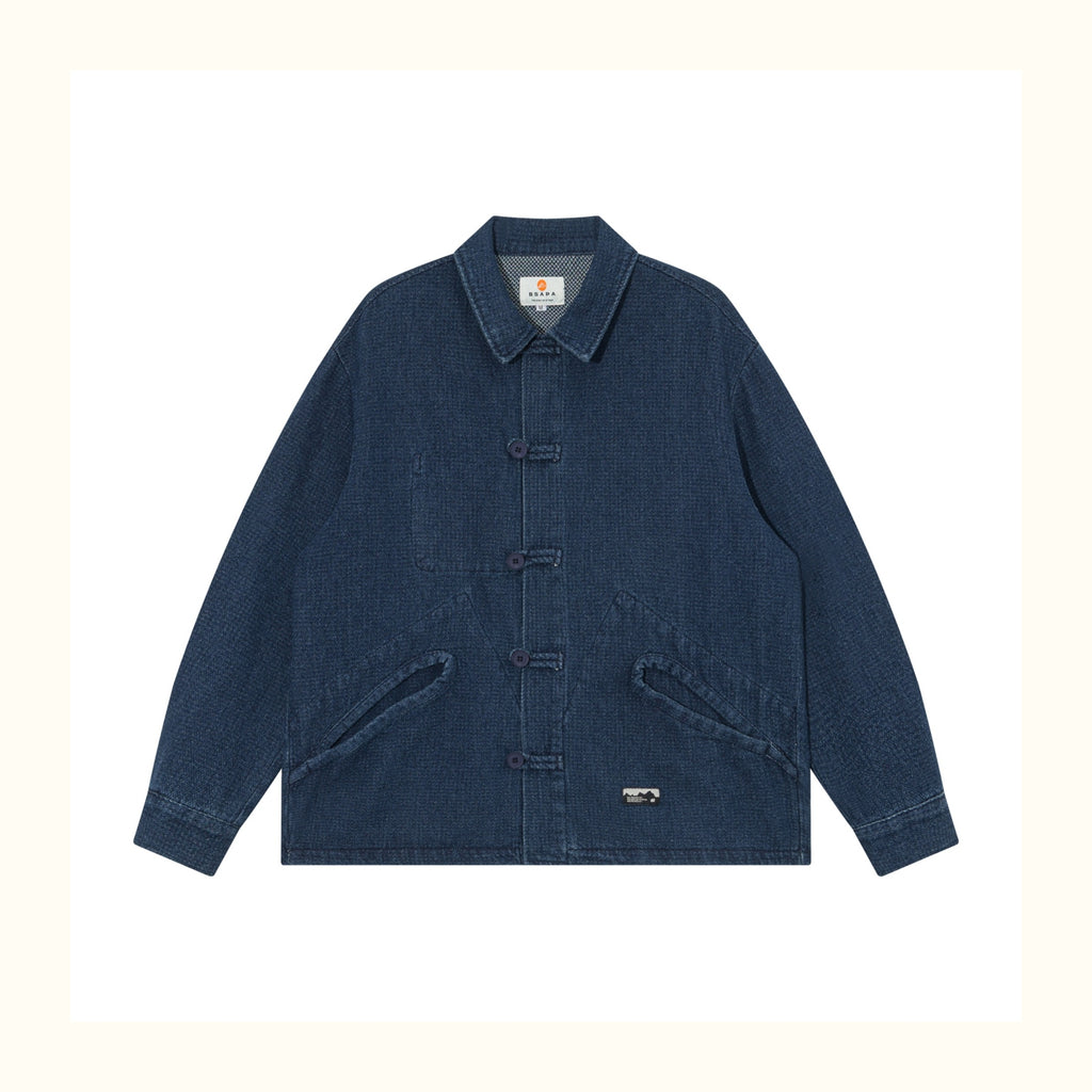 Ethnic-Style Buckle Denim Jacket – Vintage Washed Casual Outerwear with Chinese Folk Detail