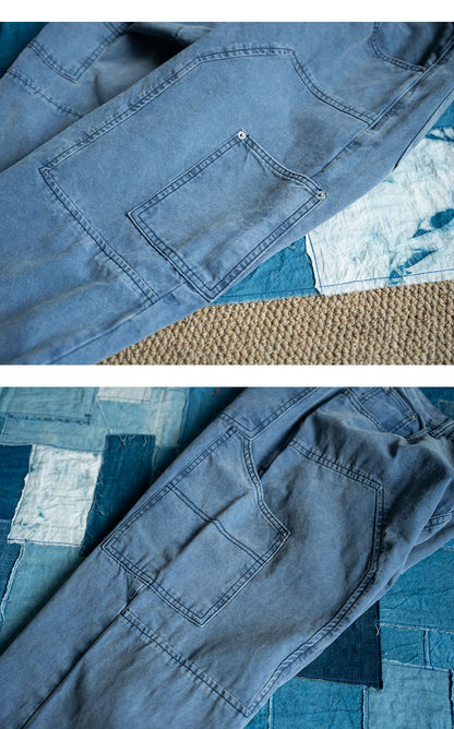 Japanese Retro Washed Beaded Canvas Work Pants – Loose Wide-Leg Unisex