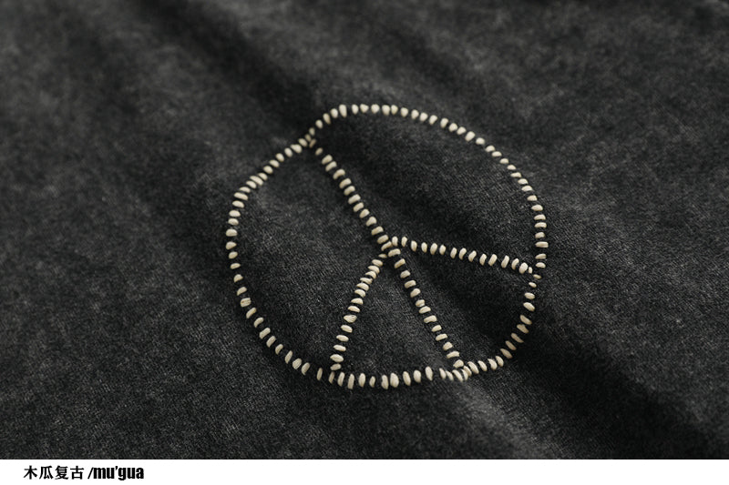 Handmade Anti-War Symbol Embroidered Heavy Cotton Tee – Unisex 270g Crewneck, Loose Fit