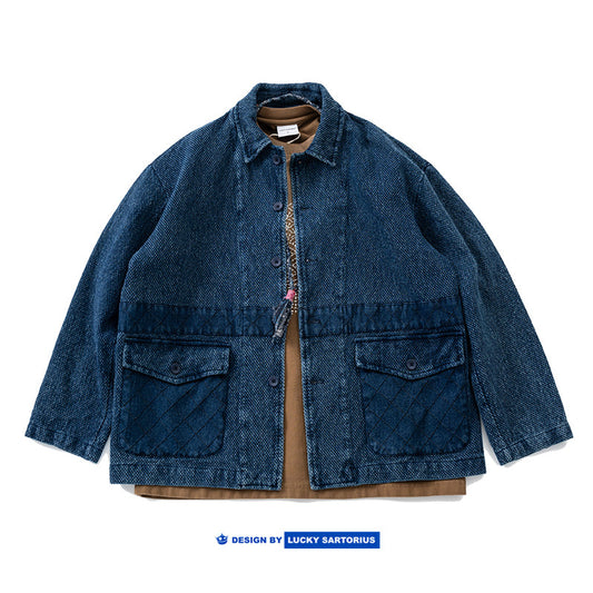 Indigo Washed Workwear Jacket - Sword Cloth Texture Multi-Pocket (Men)