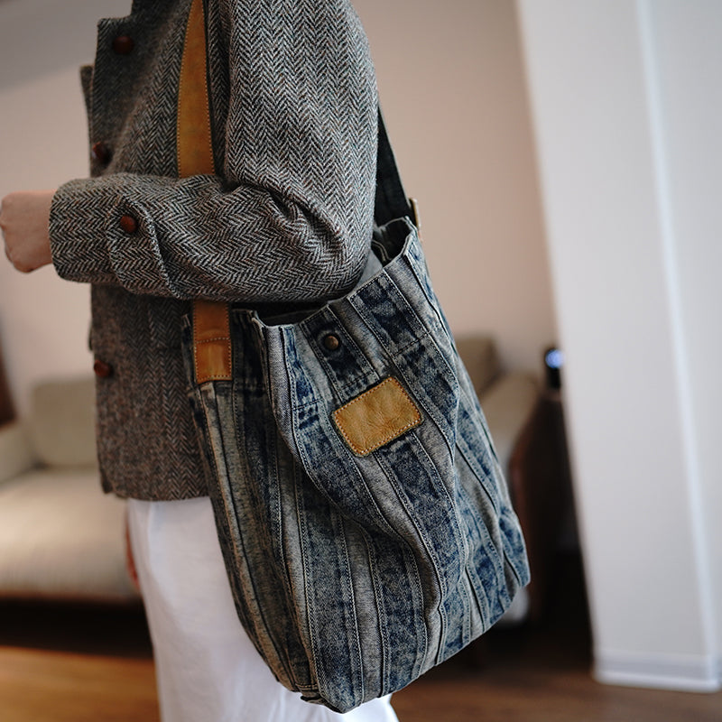 Vintage Washed Distressed Denim Patchwork Lightweight Large Capacity Tote Bag Versatile Casual Shoulder Crossbody Bag