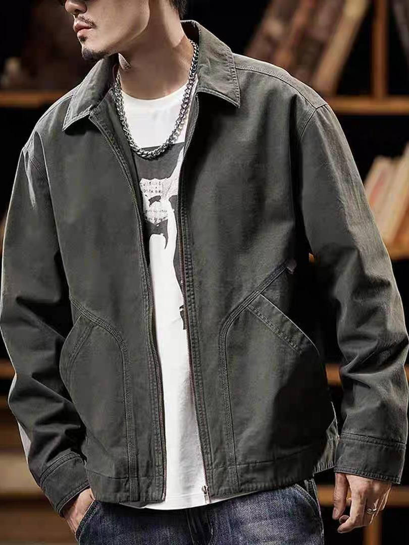 Men's American Retro Workwear Jacket - Autumn Winter Solid Color Pocket Design Casual All-Match Coat
