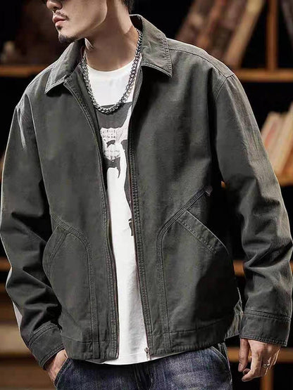 Men's American Retro Workwear Jacket - Autumn Winter Solid Color Pocket Design Casual All-Match Coat