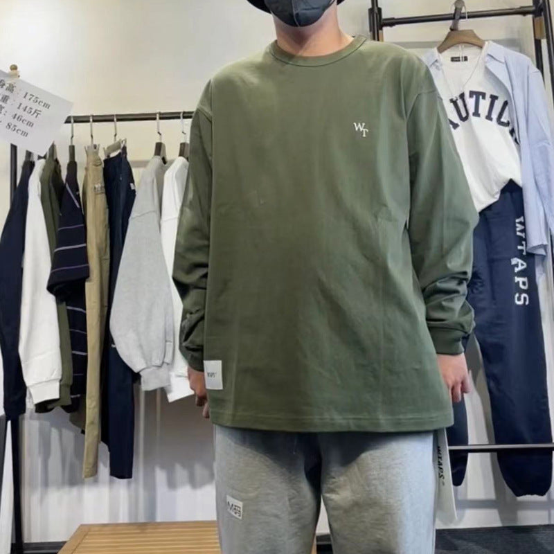 Japanese Style Heavy Cotton Crew Neck Long Sleeve T-Shirt 2023 New Base Shirt Letter