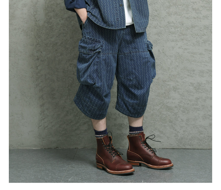 Blue Dyed Jacquard Loose Fit Scimitar Cropped Pants Japanese Retro Style with Large Pockets Casual Mid-Length Shorts