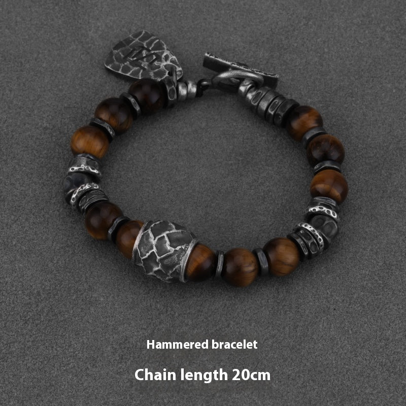 Yinshu Original Handmade &lt;Hammered&gt; Bracelet for Men Niche 999 Pure Silver Tiger Eye Stone Men's Vintage Bracelet