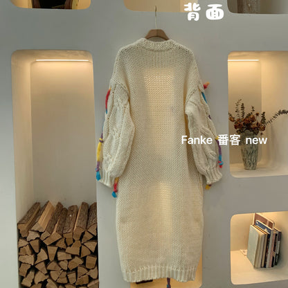 Women's 2024 Autumn Winter Lazy Style Long Cardigan - Soft Handmade Colorful Tassel Knitted Sweater