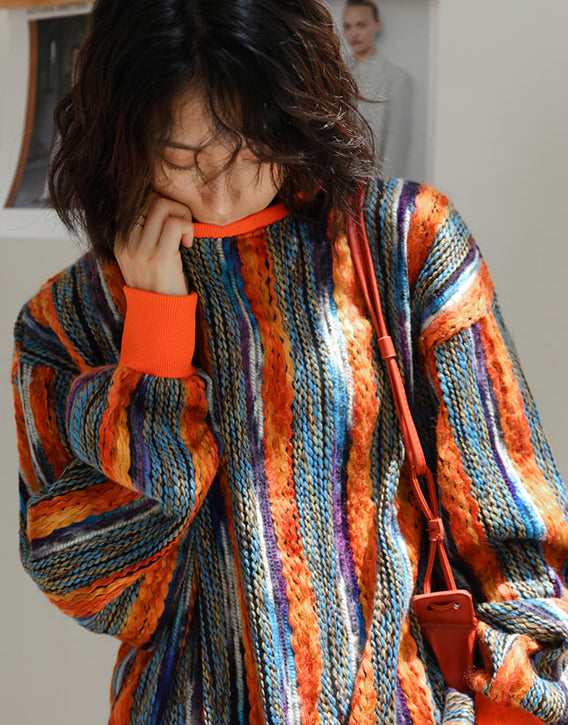 Colorful Striped Lazy Pullover Sweater – Thickened Crew-Neck Loose Fit (Women)