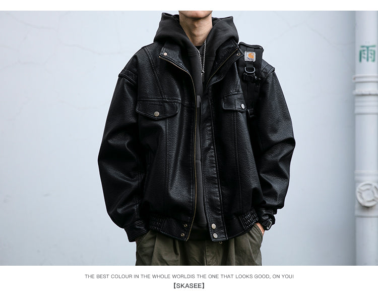 Men's American Retro Leather Jacket - Lychee Grain Stand Collar Motorcycle Coat