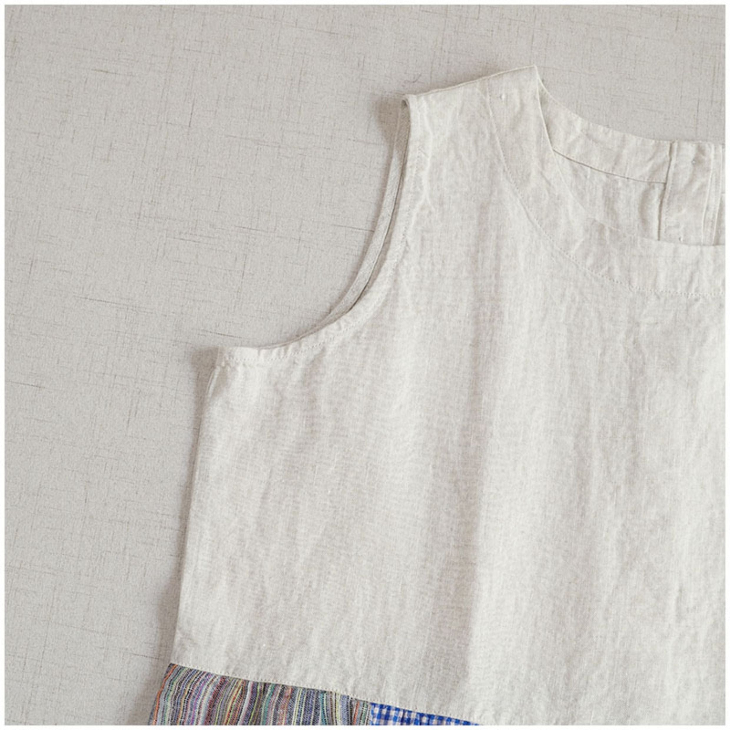 Linen Color-Block Mori Girl Tank Dress – High-Waist, Loose, Round Neck