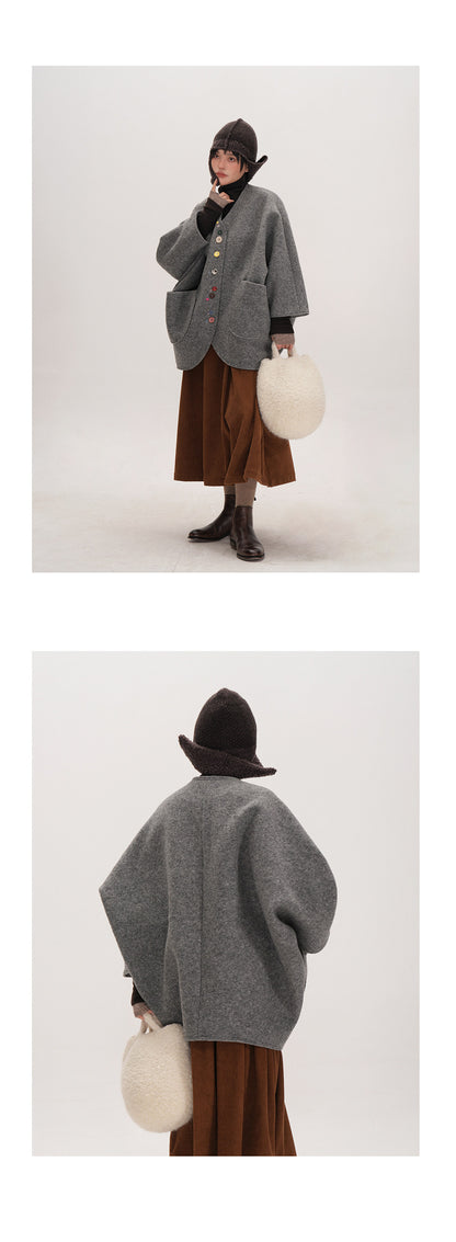 Smoke Gray Composite Wool Batwing Sleeve Cardigan - Irregular Button Coat (Women)