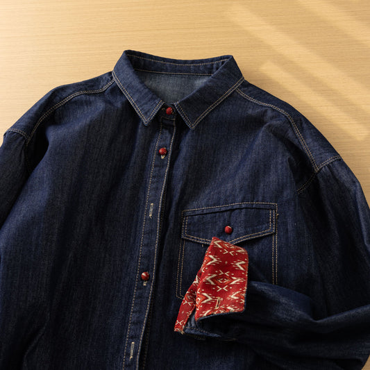 Design Sense Retro Denim Button-Front Shirt – Loose Slimming Long Sleeve for Women