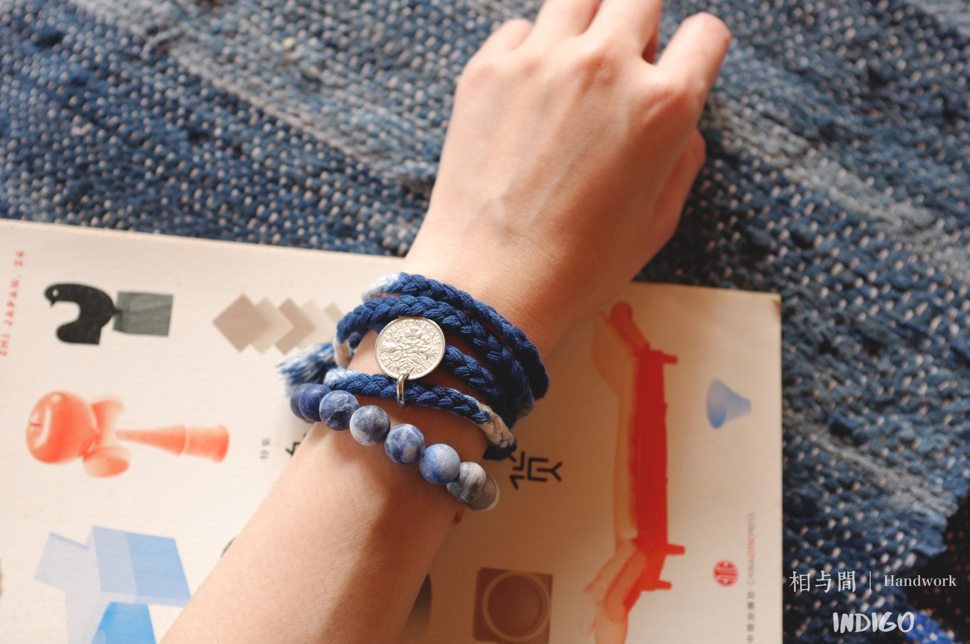 Sixpence Lucky Coin Blue Dyed Woven Bracelet Amekaji Indigo National Trend Couple Bracelet