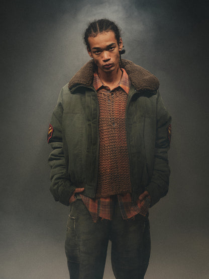 24aw Washed Green Vintage Jacket Cotton-Padded Coat Distressed Epaulet Fur Collar Thickened Coat