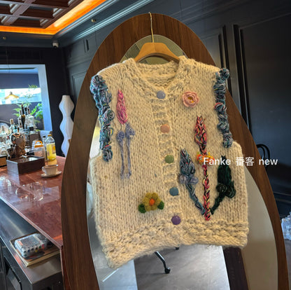 Women's 2025 Winter Plus Size Korean Cream Style Handmade Knitted Vest - Sleeveless Sweater Jacket
