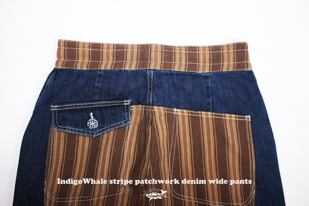IndigoWhale Bamboo Denim Wide-Leg Patchwork Jeans – Heavy Wash, Drawstring Nine-Point Design