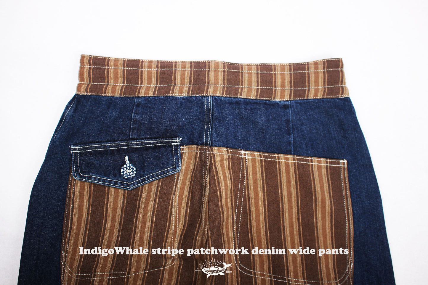 IndigoWhale Bamboo Denim Wide-Leg Patchwork Jeans – Heavy Wash, Drawstring Nine-Point Design