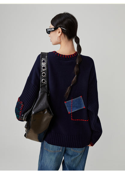 Color-Block Hand-Embroidered Patchwork Sweater – Japanese Niche Knit Top