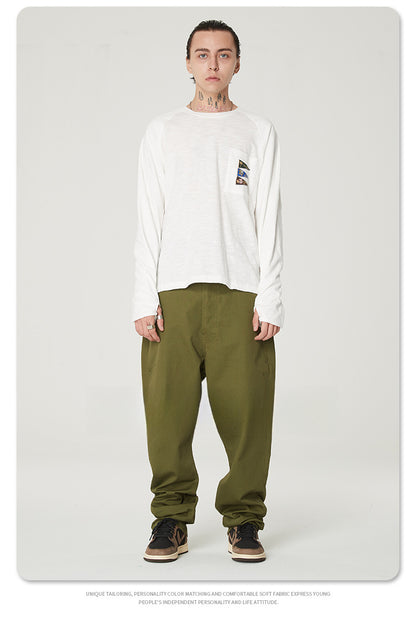 Japanese Style Flag Embroidery Loose Round Neck Men's Versatile Long Sleeve T-Shirt