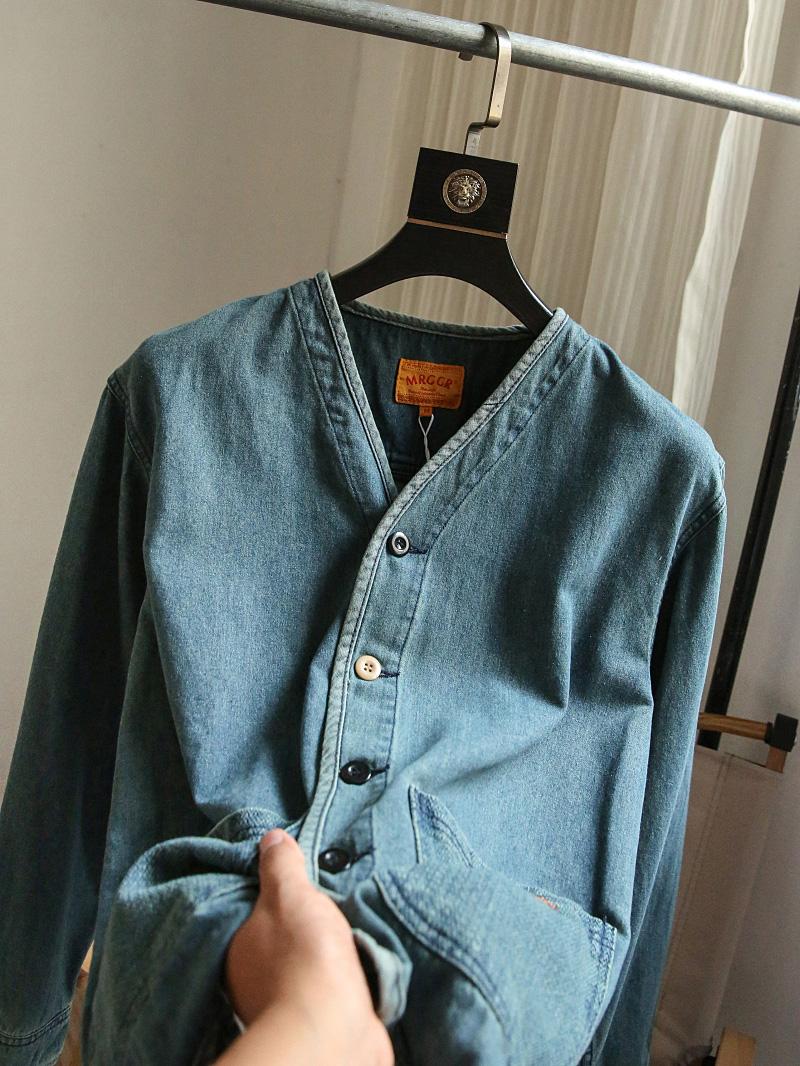 Autumn New Japanese Retro Washed Cotton Men's Casual Versatile Collarless Denim Jacket Coat Trend