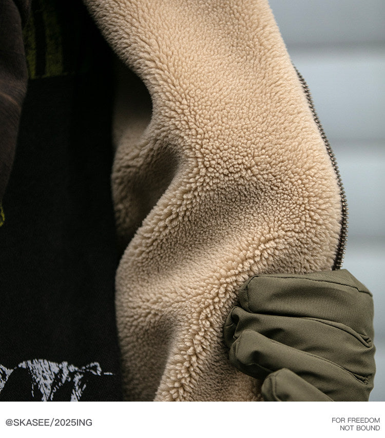 Heavy-Duty Washed Vintage Cotton Jacket - Lambswool Lined Stand Collar Coat (Men)