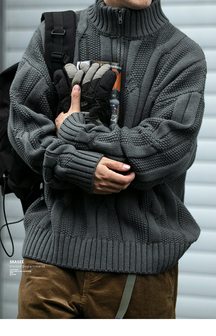 Winter Heavyweight High Grammage Non-Itchy Thick Cable Knit Stand Collar Pullover Sweater American Retro Half-Zip Thickened Coat