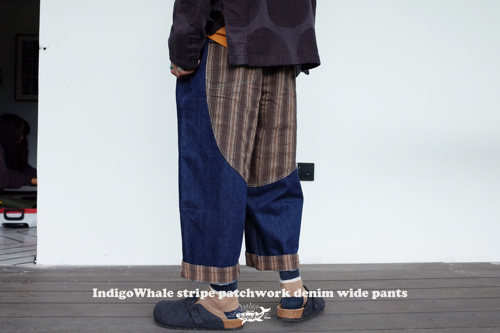 IndigoWhale Bamboo Denim Wide-Leg Patchwork Jeans – Heavy Wash, Drawstring Nine-Point Design