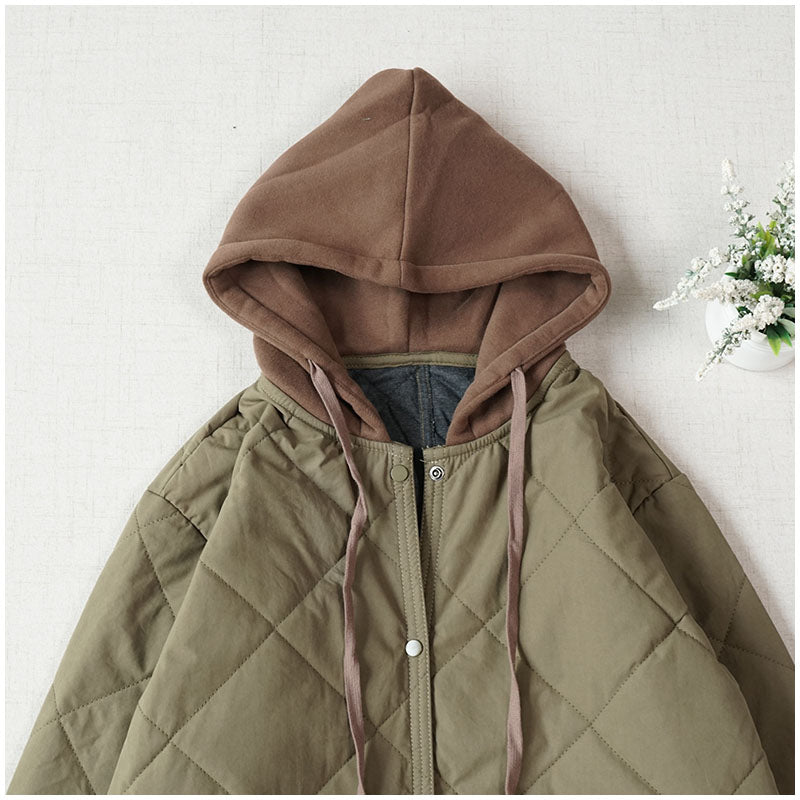 Warm Mid-Length Hooded Quilted Cotton Jacket – Loose, Retro Japanese Outerwear for Women