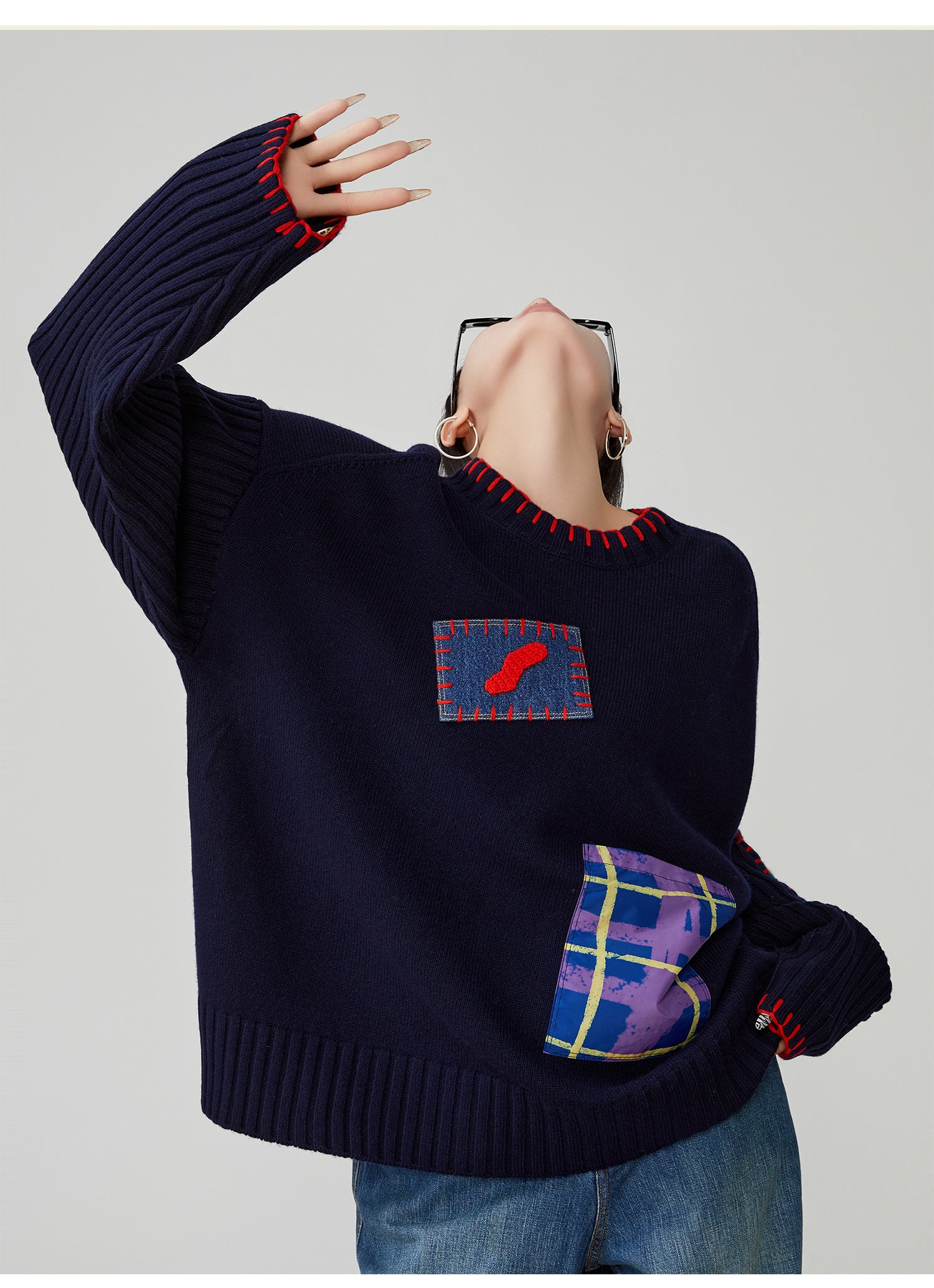 Color-Block Hand-Embroidered Patchwork Sweater – Japanese Niche Knit Top