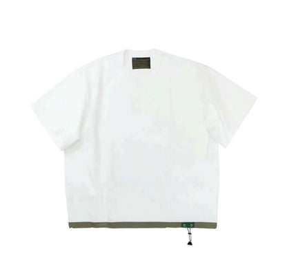Three-Color Japanese Style Pure Cotton Patchwork Nylon Elastic Round Neck Short Sleeve T-Shirt