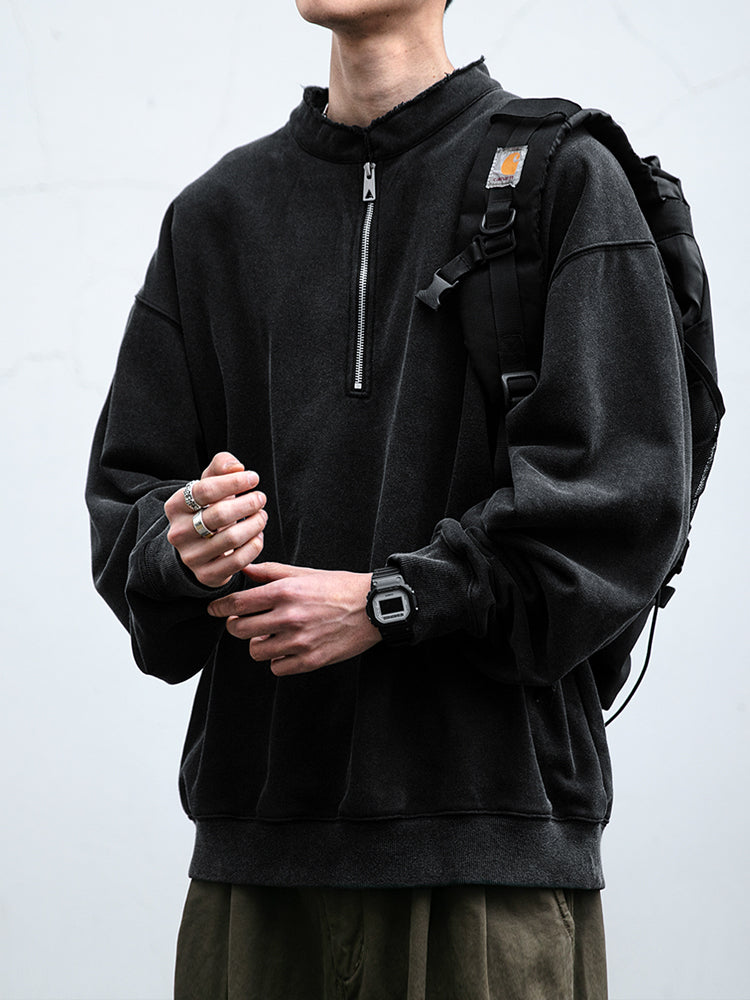 465G Snowflake Molle Diagonal Half-Zip Sweatshirt Men's Boxy Short Wide Washed Vintage Pullover Jacket Trendy