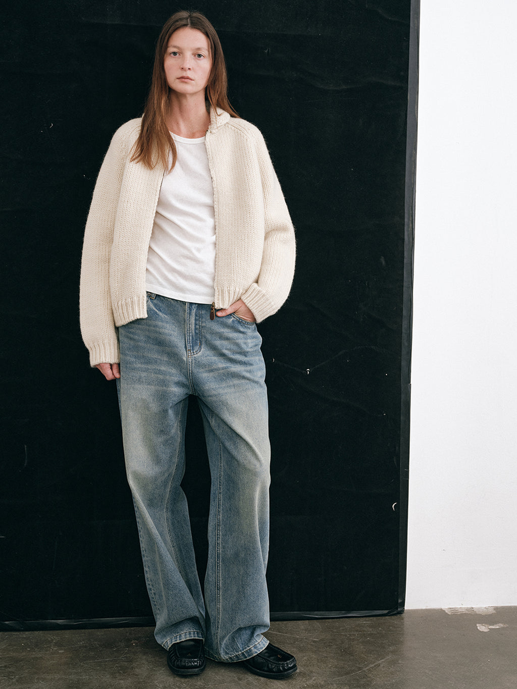 Shyshy Hand-Playing Knitting Needle-Sense Loom Retro Peter Pan Collar Four-Color 100% Wool Thick Stick Sweater Cardigan