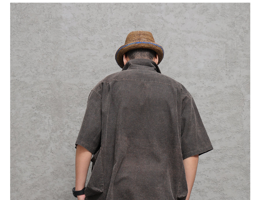 Wild Silk Cuban Collar Half Sleeve Shirt Men's Dye Yam Dyed Tussah Silk Aloha Retro Short Sleeve Shirt Summer