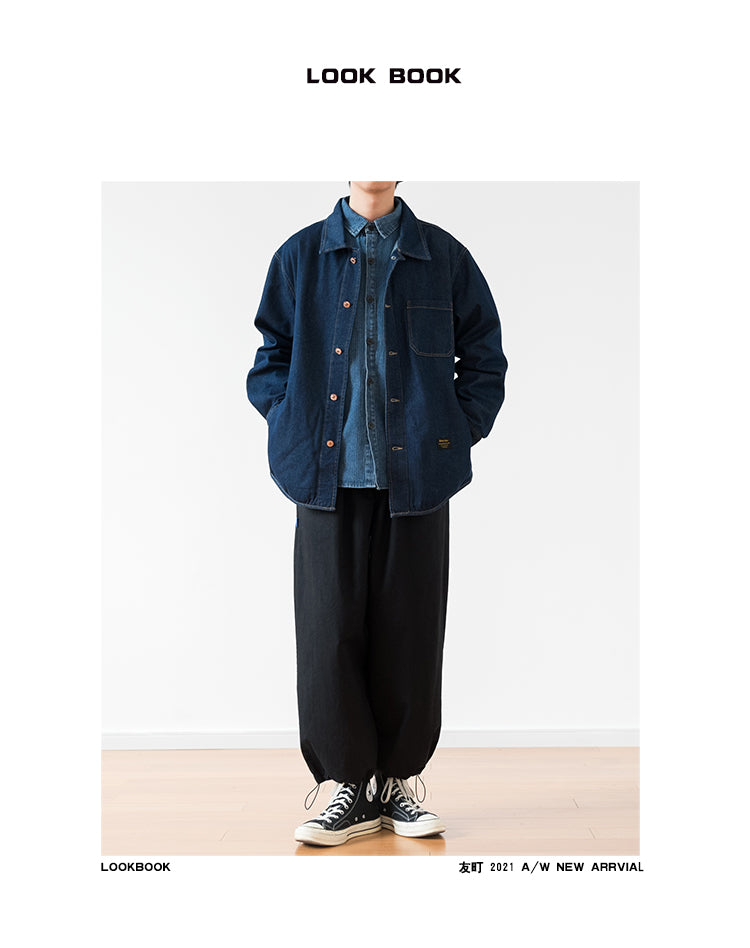 Japanese Retro Workwear Denim Shirt – Loose Turn-Down Collar for Spring/Autumn
