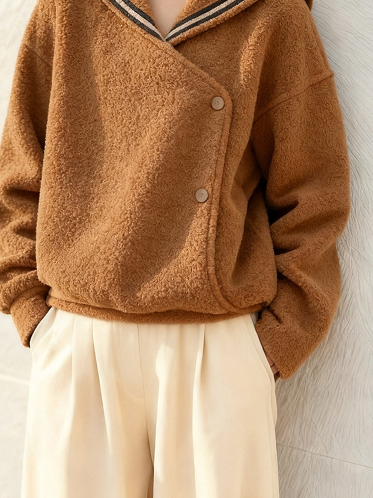 Women's 2025 Autumn Winter Old Money Style Lamb Wool Coat - Petite Brown Navy Collar Thick Warm Coat