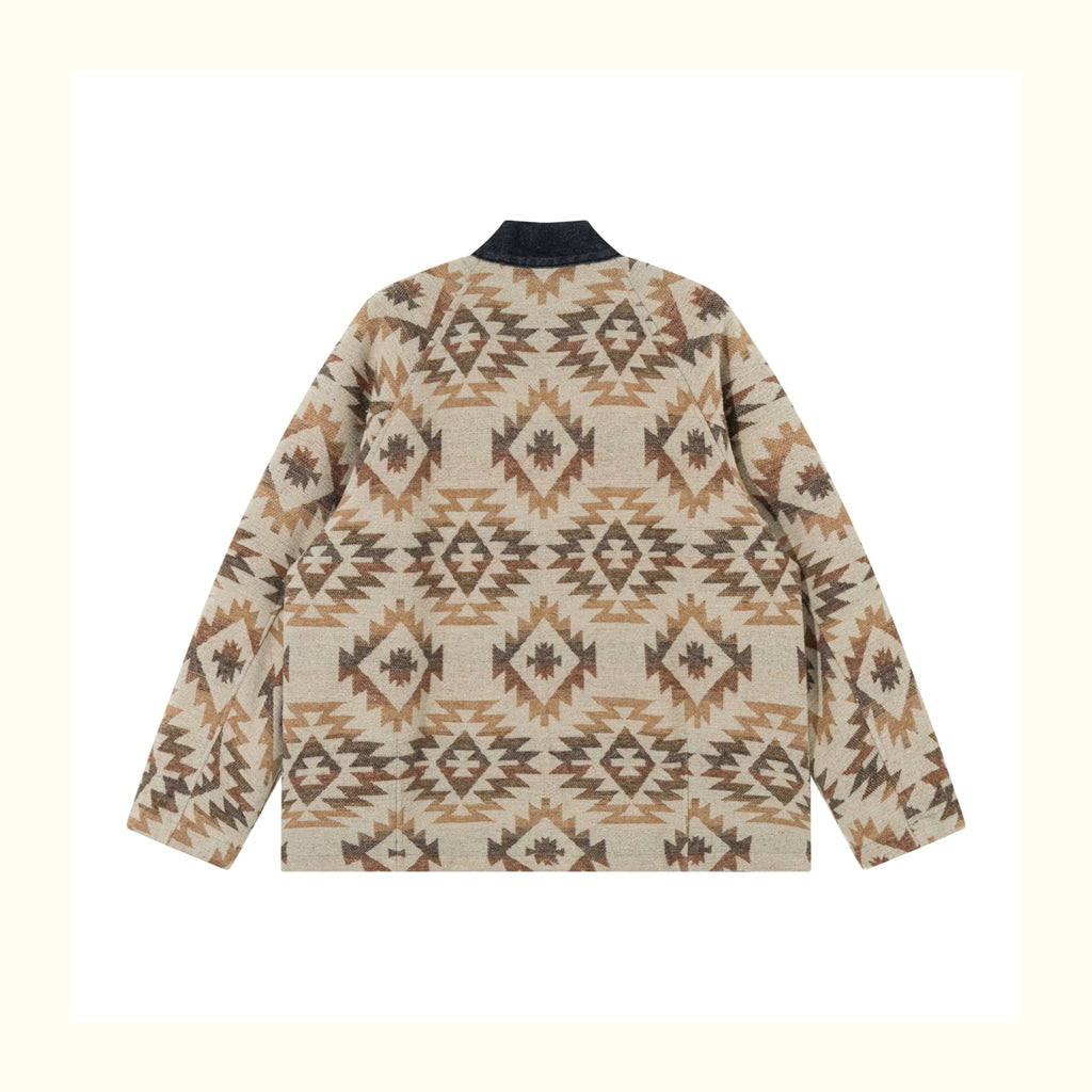 Reversible Ethnic Jacquard “Dao Robe” Denim Cardigan – Oversized Lace-Up Coat for Autumn