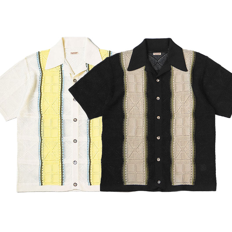 Japanese Style Hollow Knit Cuban Collar Retro Ethnic Style Short Sleeve Polo Shirt