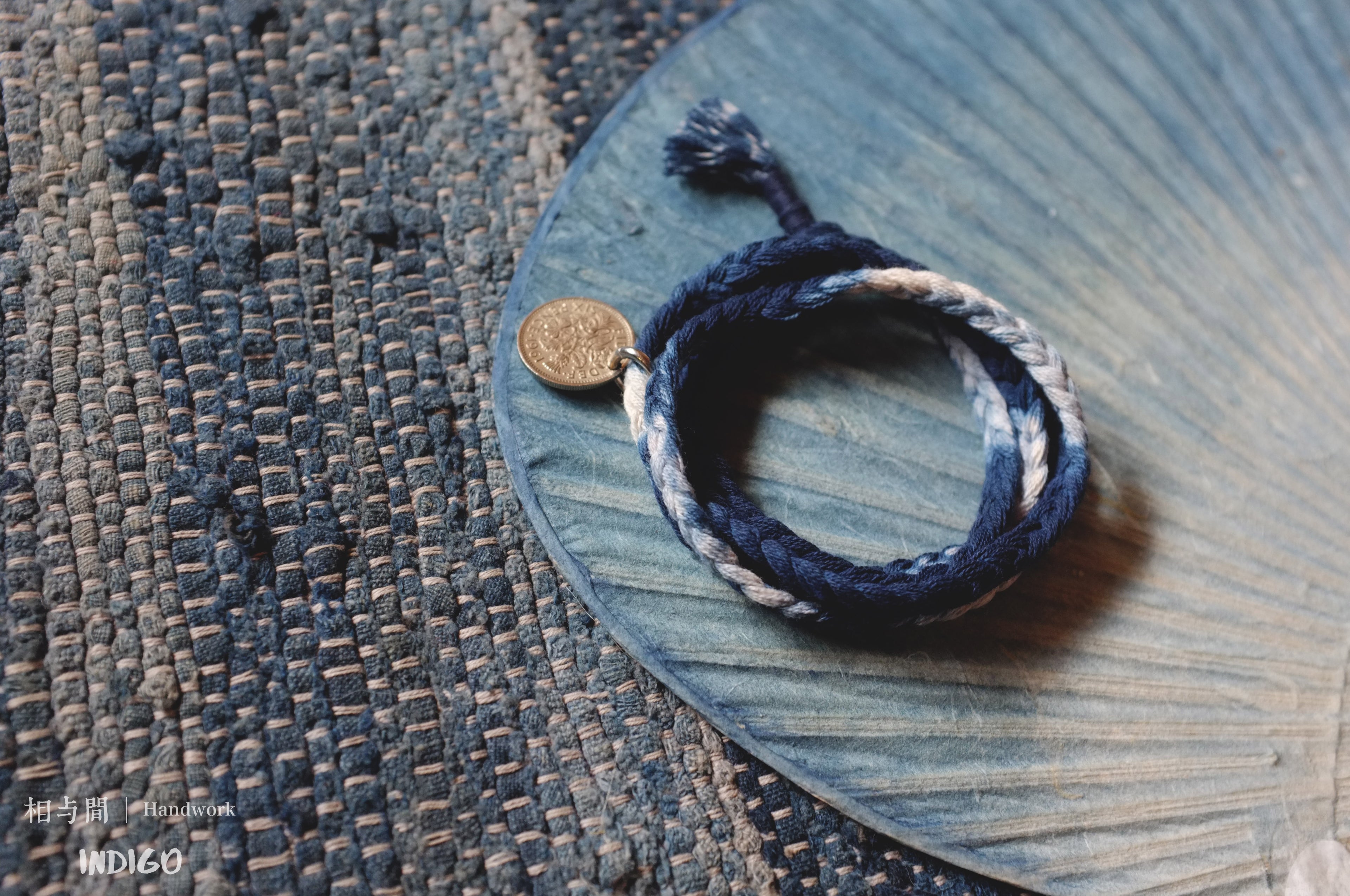 Sixpence Lucky Coin Blue Dyed Woven Bracelet Amekaji Indigo National Trend Couple Bracelet